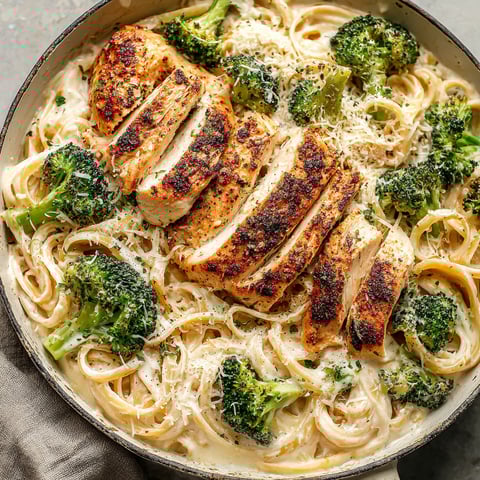 A bowl of chicken alfredo with broccoli.