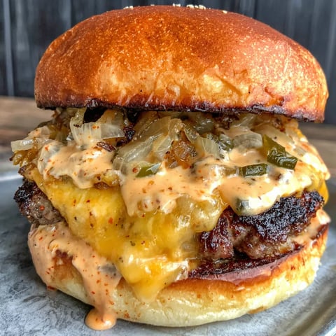 A burger seasoned with Cajun spice topped with cheese and sweet onions.