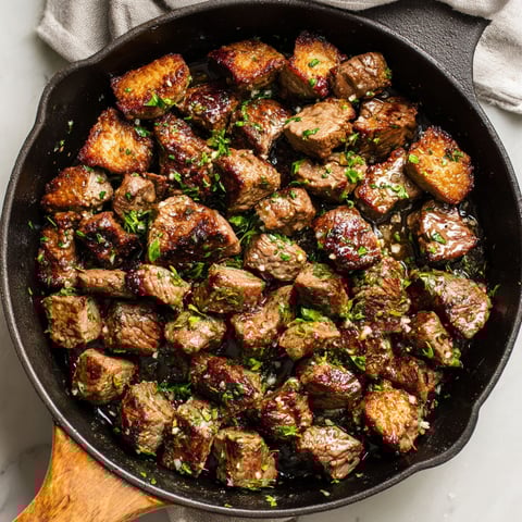 A pan of garlic butter steak bites.