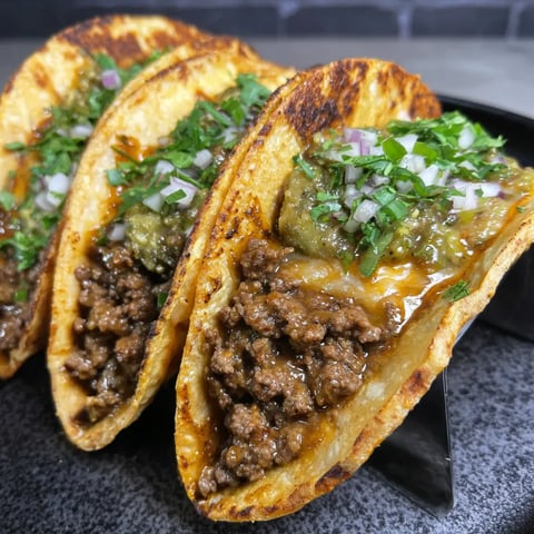 Three tacos loaded with beef on a plate.