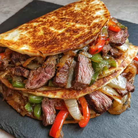 Stacked cheesy pepper steak wraps.