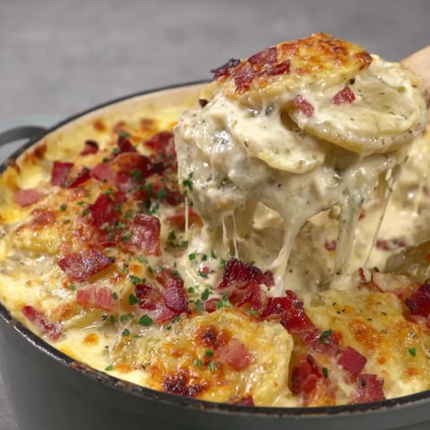 Close-up of a bubbly golden potato dish with cheese.