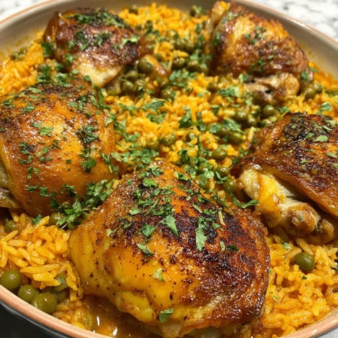 Plate of chicken and rice with garnishes.