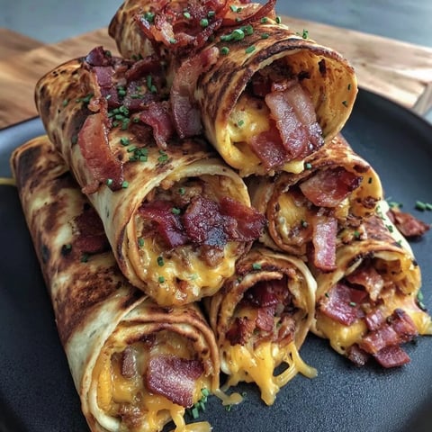 Golden bacon-cheese wraps arranged on a dark plate.