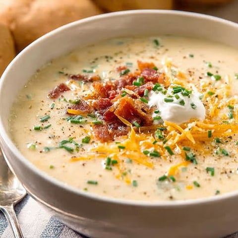 A bowl of soup with bacon and cheese.