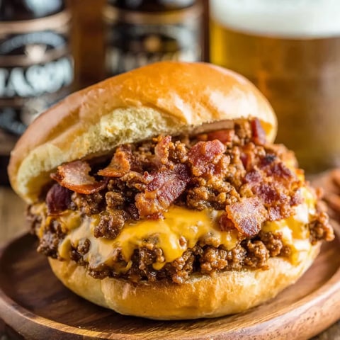 A hearty sandwich filled with sloppy Joes, bacon, and cheese.