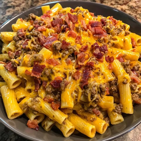 A plate of cheesy pasta topped with crispy bacon.
