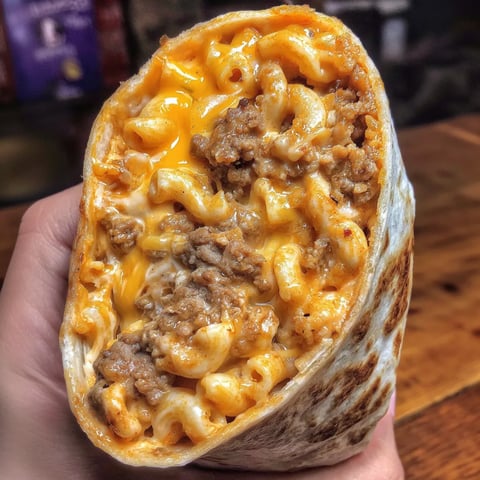 A cheesy beef tortilla wrap with golden crisp edges.