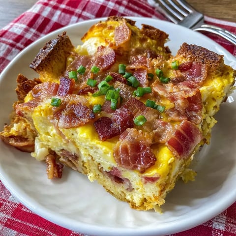 A warm slice of egg bacon casserole.