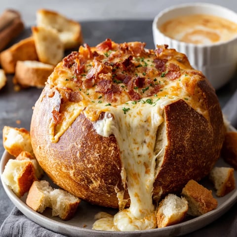 A gooey, cheesy bacon cob loaf cut open.