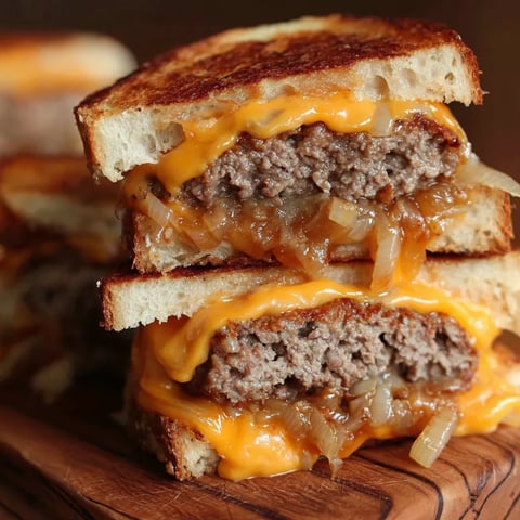 Close-up of a golden, cheesy patty melt cooked in a cast iron skillet.
