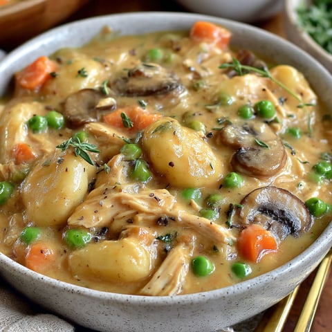 A bowl of food with chicken, potatoes, peas, and mushrooms.
