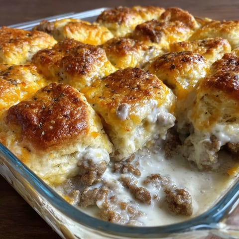 A dish of baked biscuits with creamy gravy and sausage.