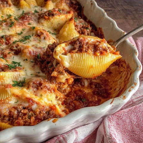 Cheesy pasta shells stuffed with beef in a baking dish.
