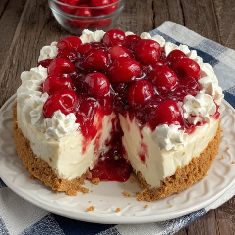 A white plate with a slice of cherry-topped cheesecake.