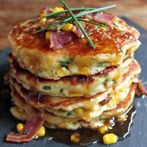 Corn and bacon pancakes stacked high in a delicious pile.