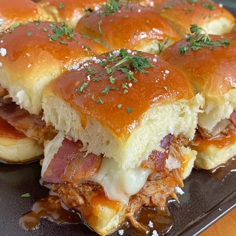 BBQ sliders arranged on a plate.