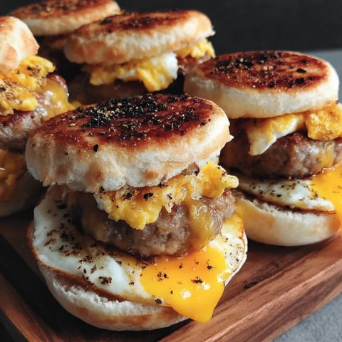 A breakfast sandwich stacked with sausage, egg, and cheese.