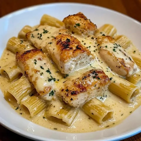 Plated garlic chicken pasta with Parmesan cream sauce.