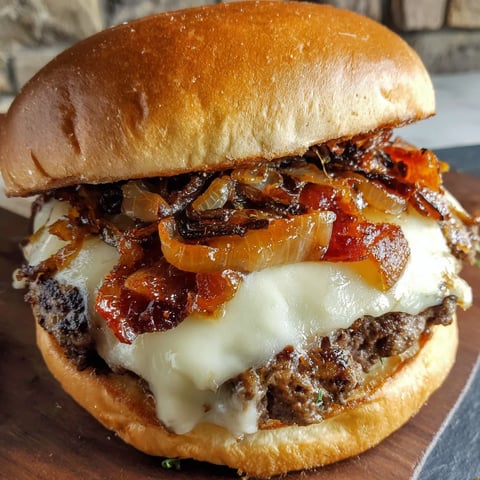 Crispy Bacon Maple Smash Burger served on a wooden board.