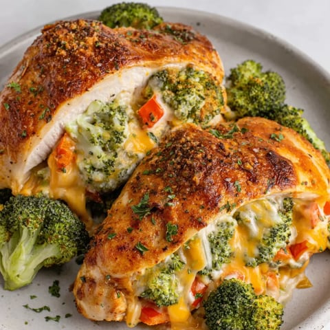 Golden cheesy chicken breast stuffed with broccoli.