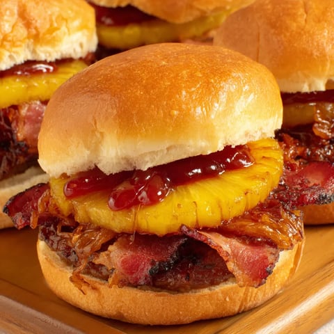 Close-up shot of a juicy pineapple BBQ burger with crispy bacon.