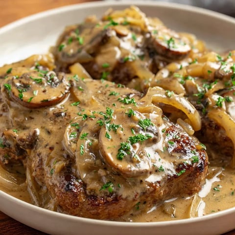 Tender meat drenched in creamy sauce on a plate.