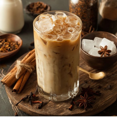 A glass filled with iced vanilla chai latte and a spoon.