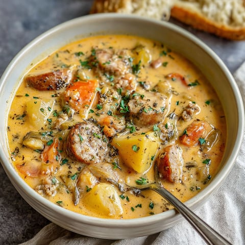 A bowl of potato and sausage chowder.