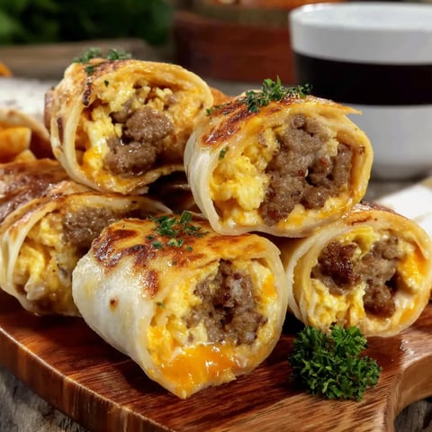 Egg, sausage, and cheese tortilla rolls.