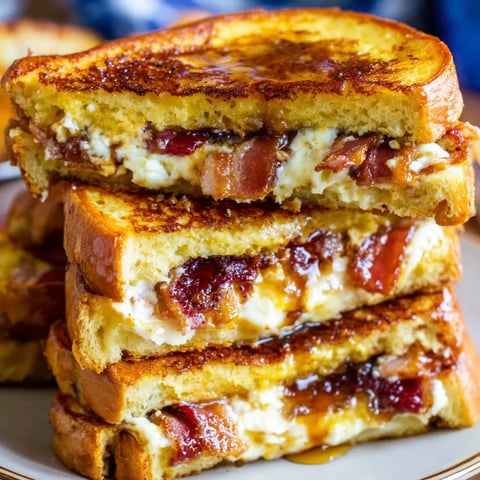 Stack of stuffed French toast with bacon on a plate.