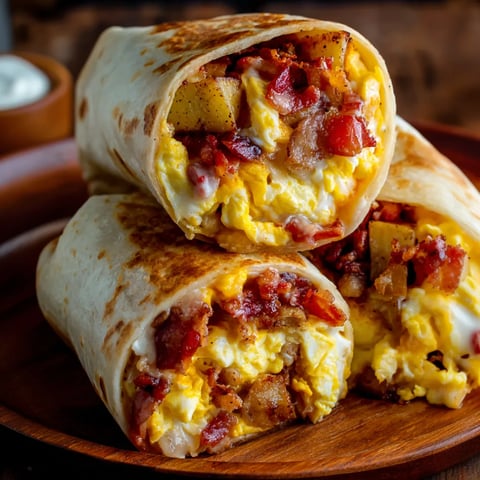 A tortilla wrap stuffed with cheese, eggs, and bacon.