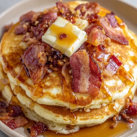 Golden pancakes with crispy bacon, butter, and syrup.