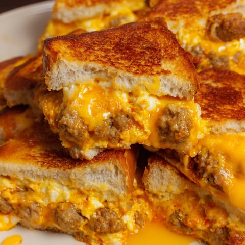 Golden toast layered with cheese, sausage, and eggs on a white plate.