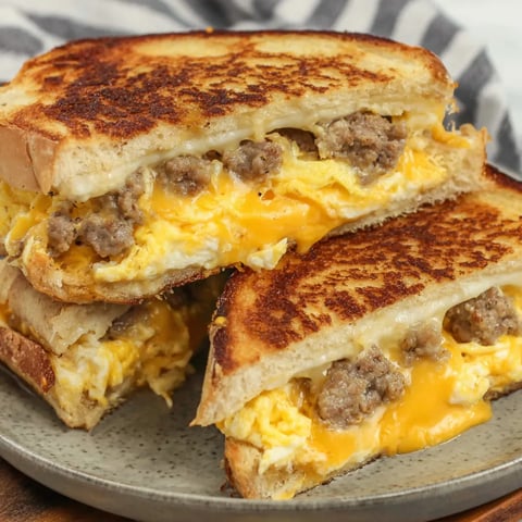 A cheesy grilled sandwich filled with eggs and sausage.