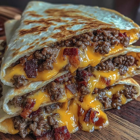 Stacked crispy quesadillas with bacon and cheese.