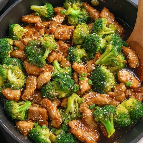 Skillet of chicken and broccoli in a sesame glaze.