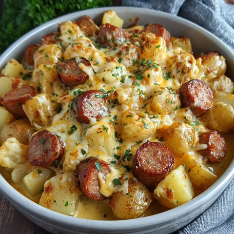 A comforting bowl filled with cheesy potatoes and smoky sausage.