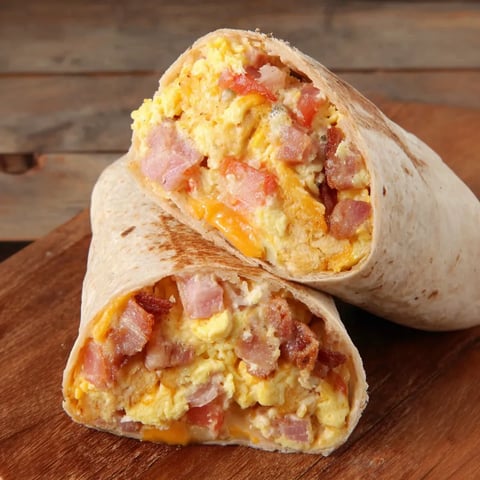 Egg and bacon wraps served warm.