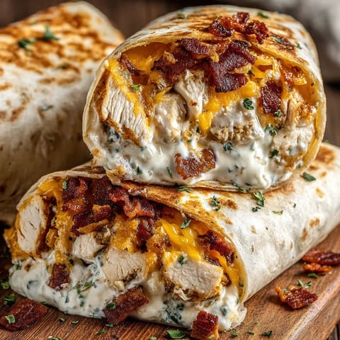 A toasted bacon chicken ranch wrap with crispy edges.