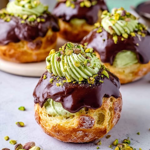 A plate of chocolate covered pistachio choux buns.