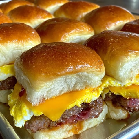 A delicious platter of breakfast sliders with maple butter and sausage.