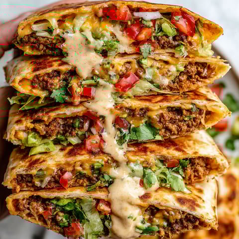 A person is holding a stack of vegan crunchwrap supreme.