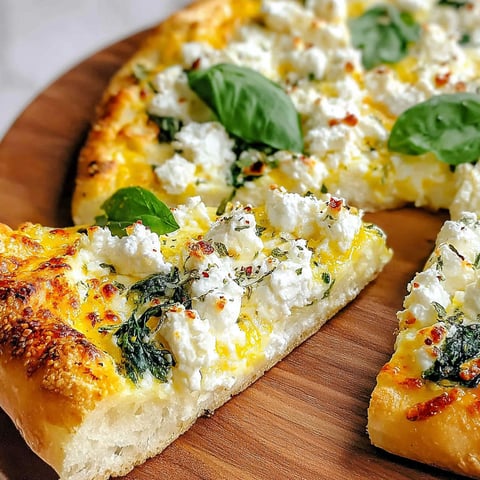 A slice of Greek Roasted Garlic Spinach White Pizza.