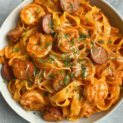 A serving of creamy shrimp and sausage pasta in a bowl.