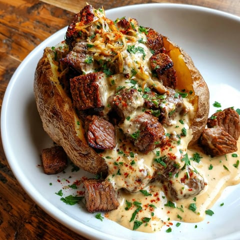 A fluffy baked potato filled with garlic butter steak bites.