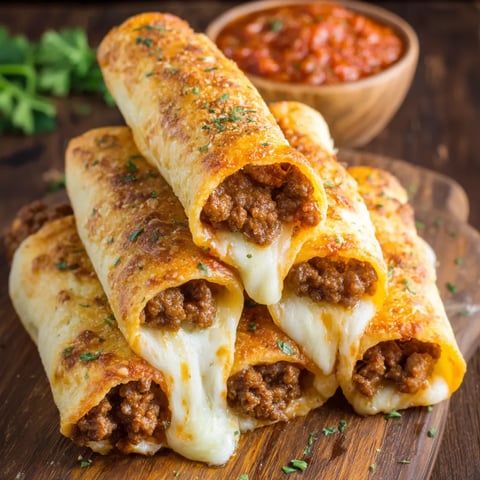 Crispy golden taco breadsticks stacked high with cheese oozing out.