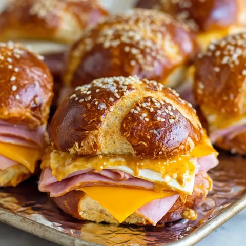 A tray of ham and cheese sliders on pretzel buns with honey-Dijon sauce.