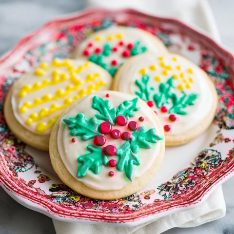 A plate of sugar cookies with green and red icing.