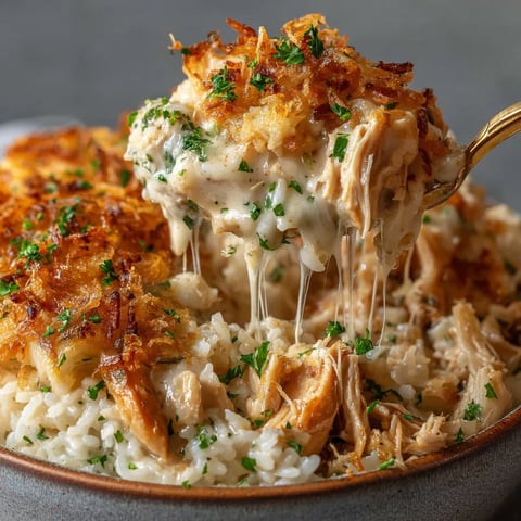 A cheesy Onion Chicken Rice Casserole in a bowl.